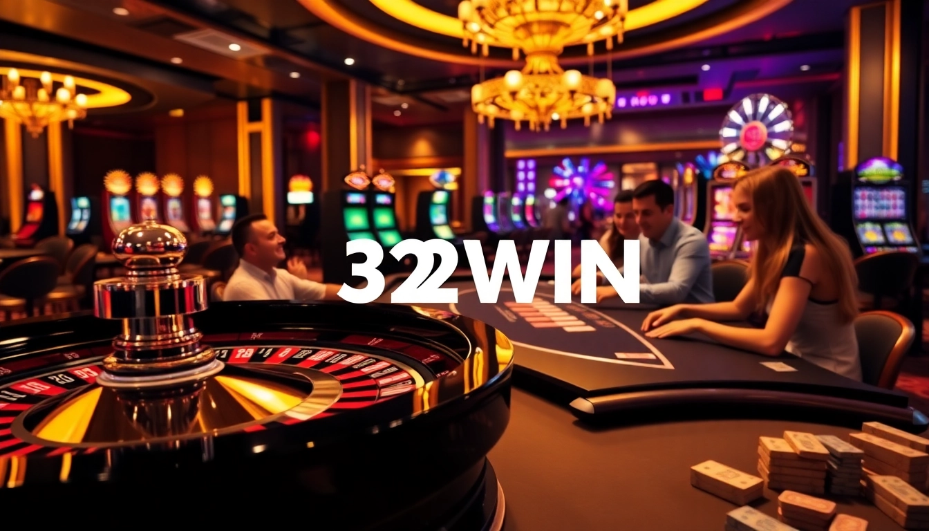 Experience the thrill of 32WIN with engaging casino scenes featuring luxury gaming and excitement.