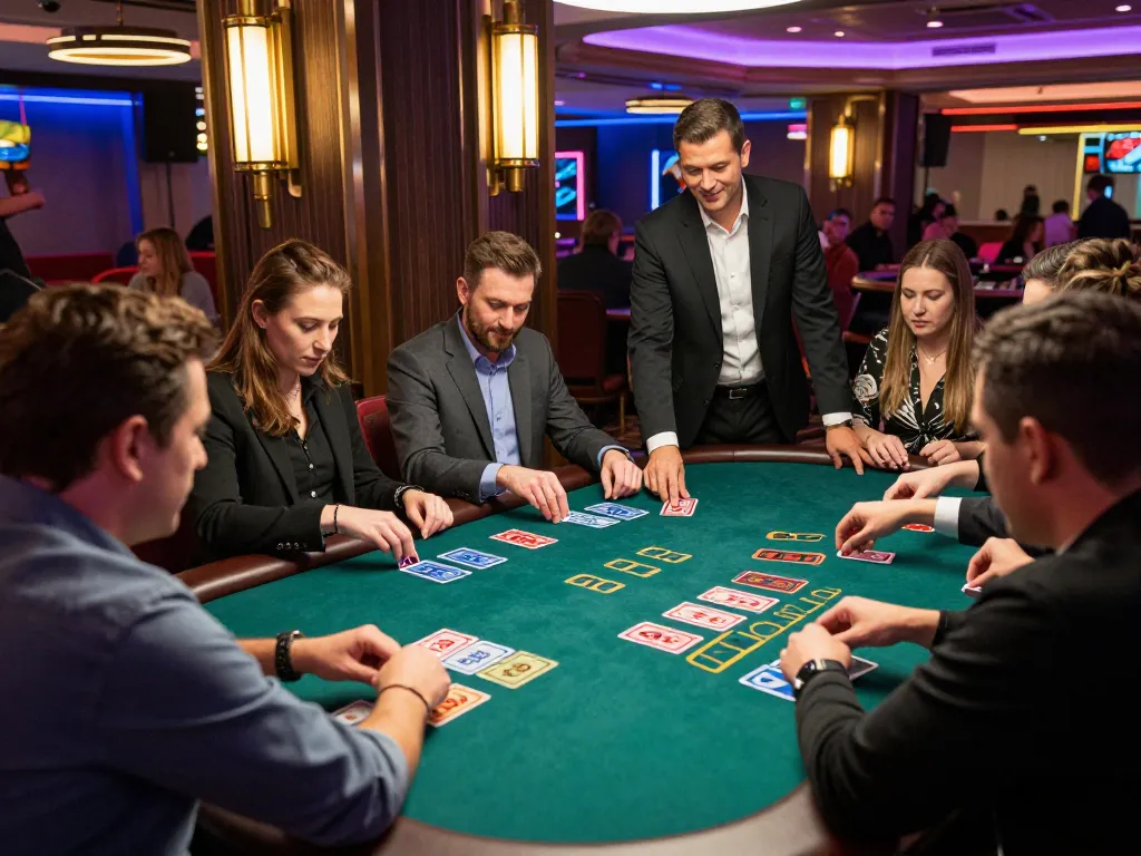 cm88 players engaging in strategic bets at a live dealer blackjack table in a vibrant casino.