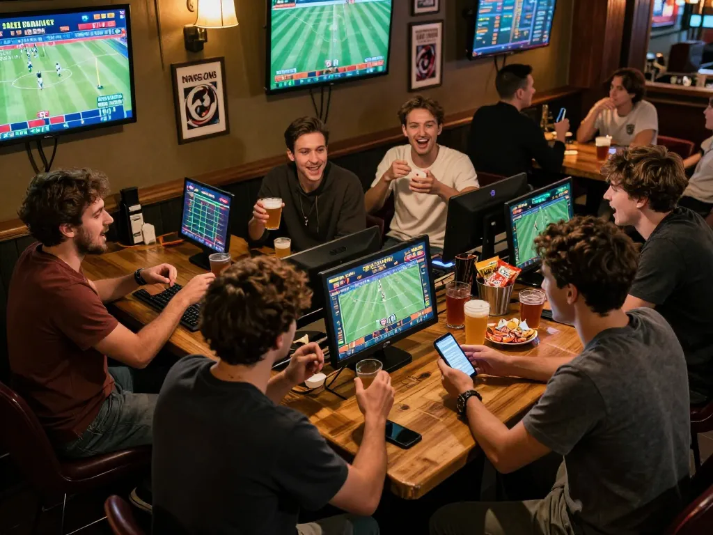 Engaging sports betting scene at a bar where friends analyze games and place bets on five88.