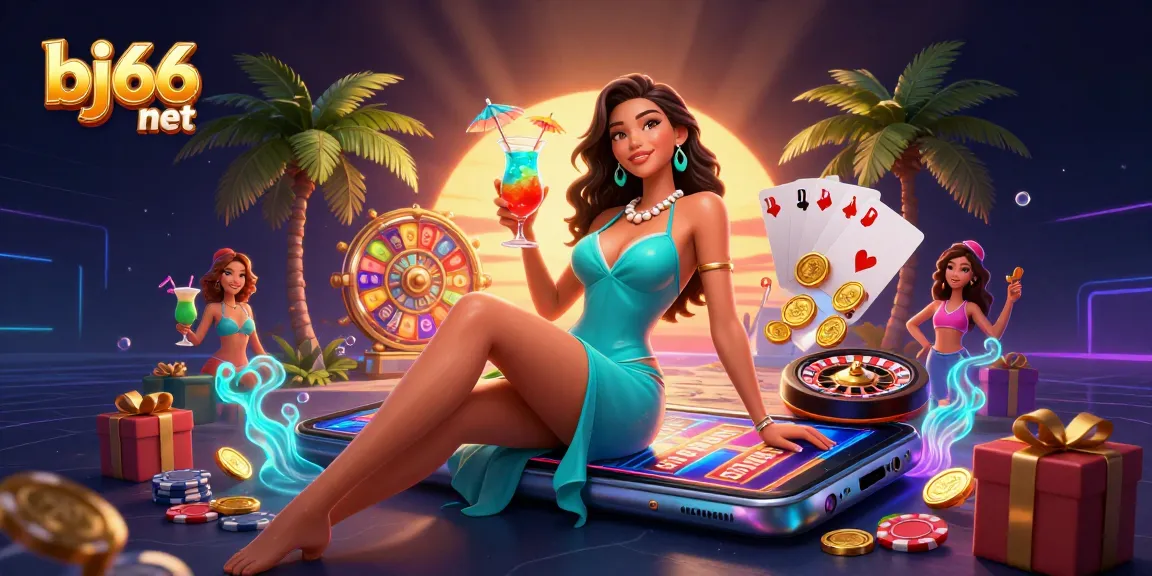 Experience the vibrant world of bj66 net with exciting casino games, golden coins, and tropical glamour.
