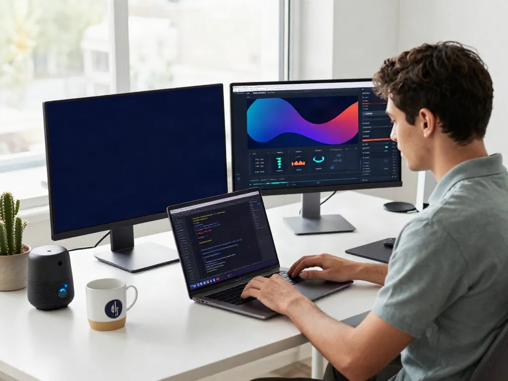 A web developer working on instant indexing solutions in a modern tech workspace.