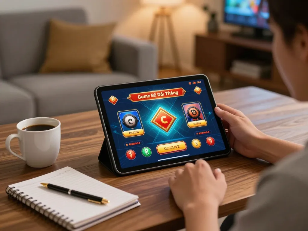 Playing Game Bài Đổi Thưởng on a tablet in a cozy home gaming setup with strategic notes.