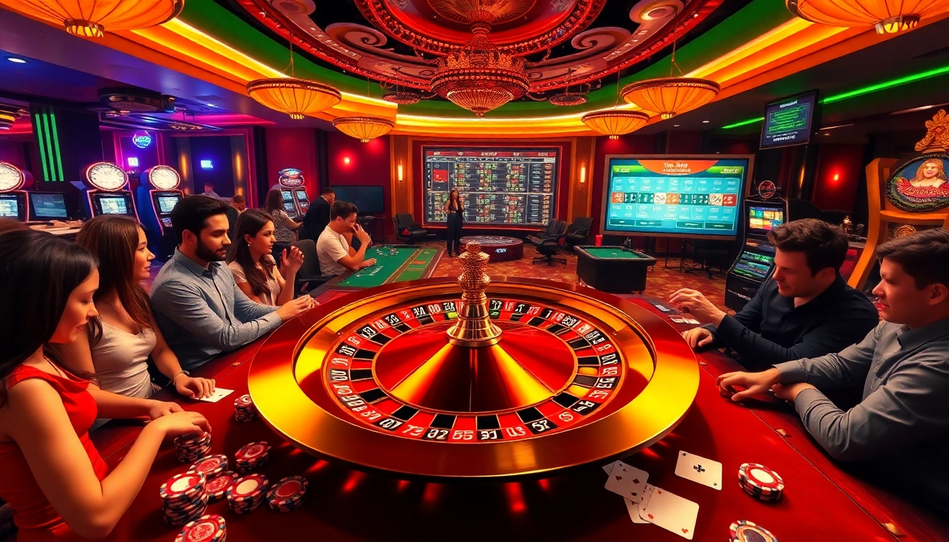 Experience excitement at okfun with players gathered around a roulette wheel in a vibrant casino.