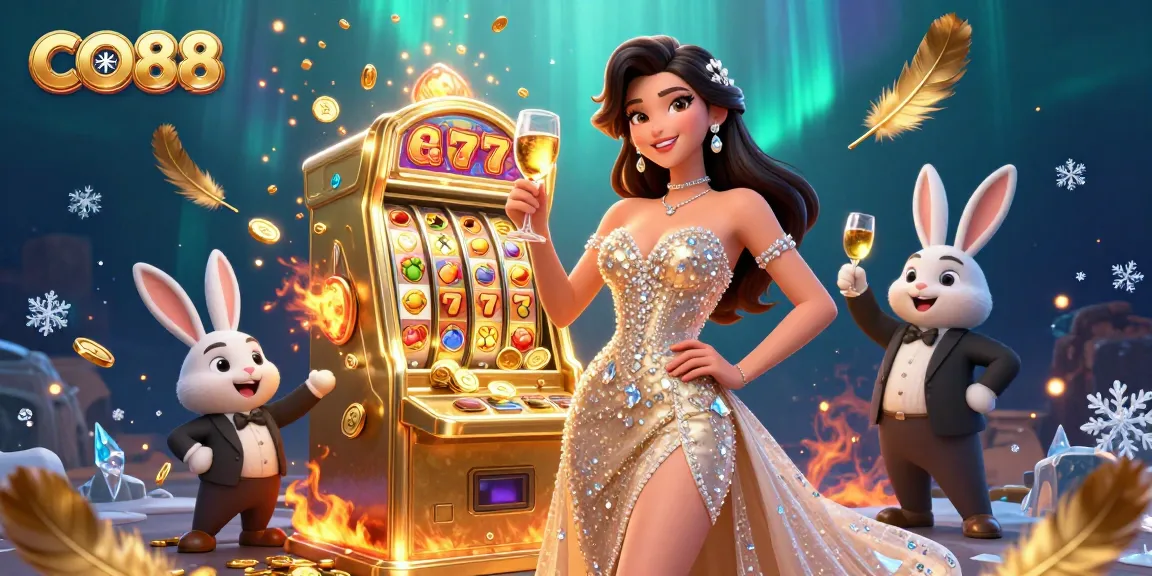 Celebrate big wins with CO88 in this vibrant casino scene featuring a jackpot slot machine and dynamic characters.