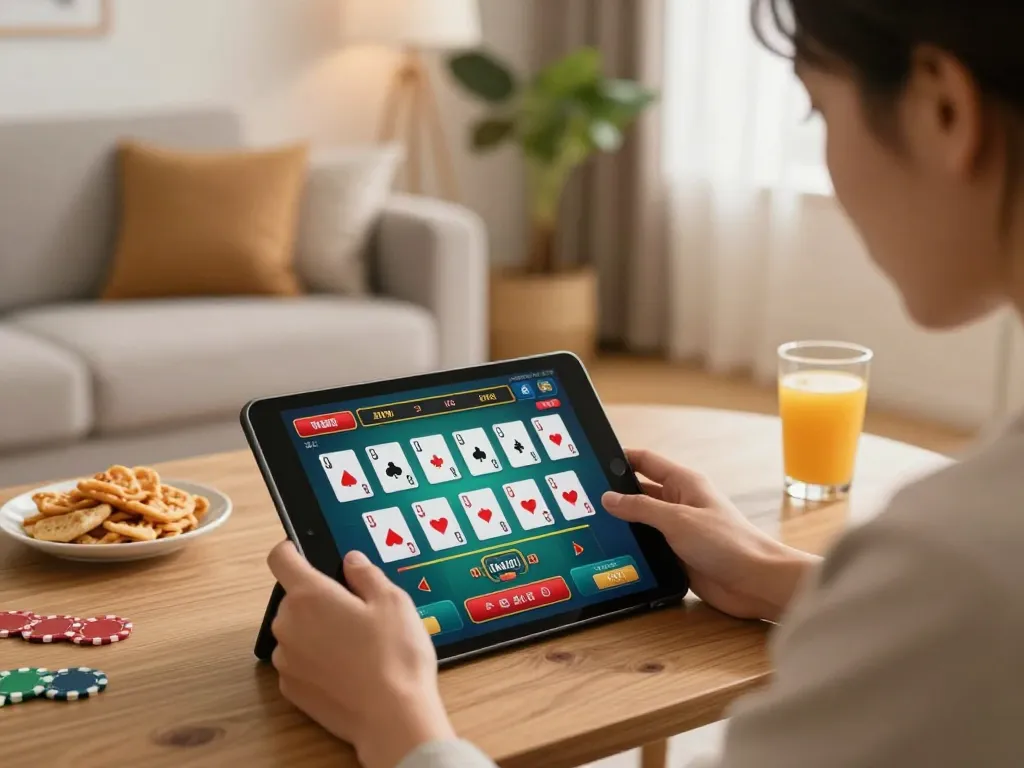 Player enjoying debet online casino game on tablet in a cozy living room setting with ambient lighting