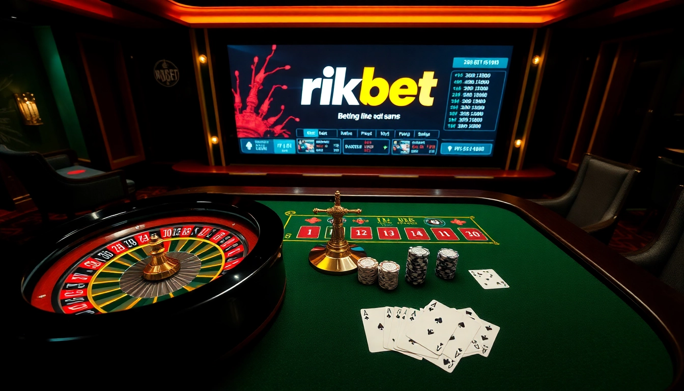 Experience the thrill of rikbet at a luxurious casino with vibrant poker chips and roulette.