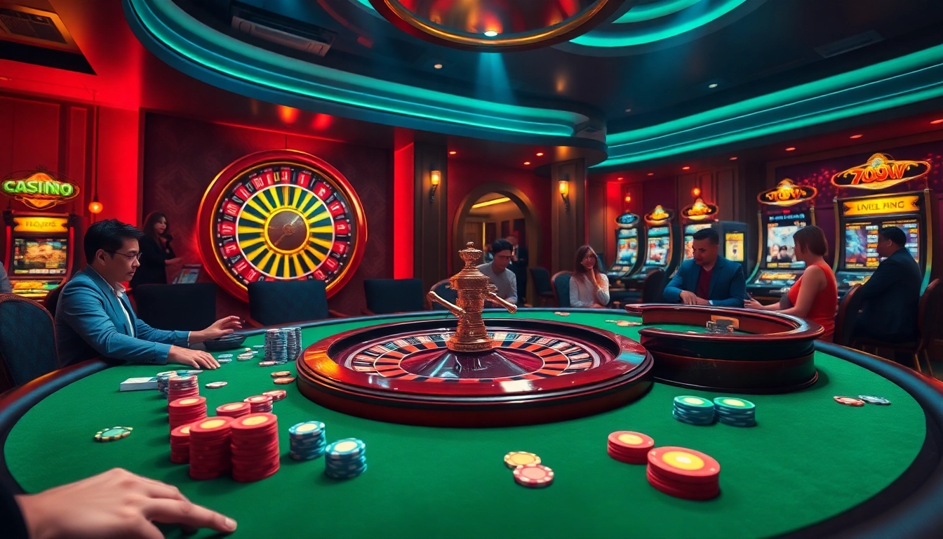 Engaging gameplay at 789win casino featuring colorful chips, cards, and a roulette wheel.