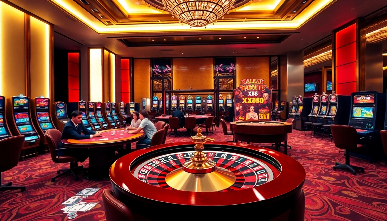 Casual players enjoying a thrilling game at XX88's luxurious casino tables filled with excitement.