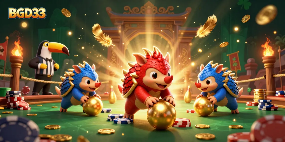 BGD33 pangolins roll golden balls and poker chips in a dynamic casino scene with vibrant effects