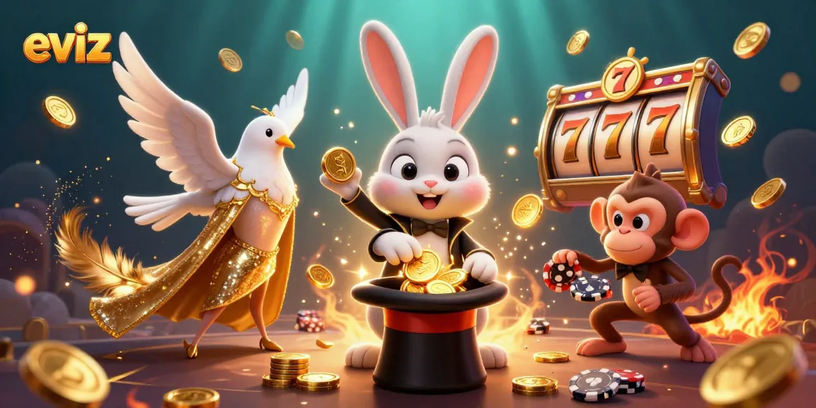 eviz showcases a dynamic casino scene with a magician rabbit, a dove, and a monkey, surrounded by slot machine elements.
