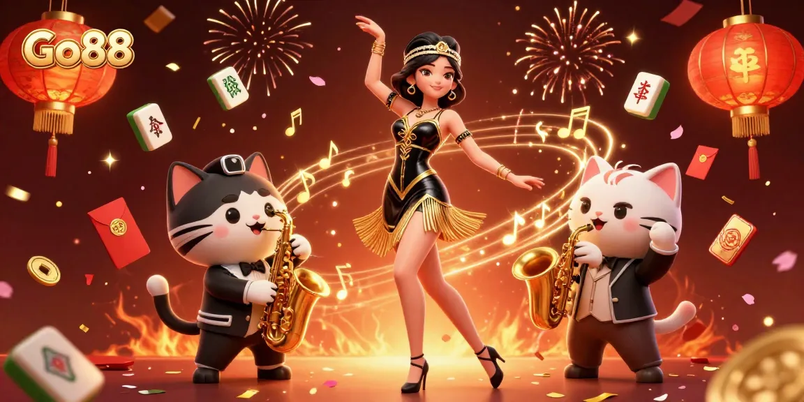 Experience the vibrant energy of Go88 with a lively casino-themed illustration featuring festive characters and dynamic gaming elements.