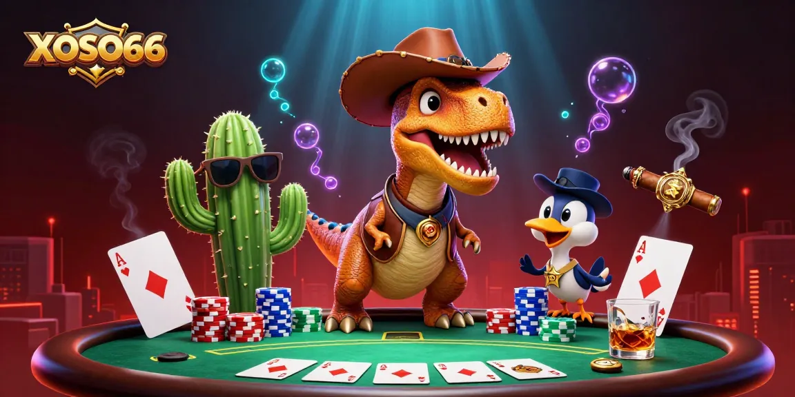 XOSO66 showcases a thrilling poker scene with cartoon characters in a vibrant, energetic casino environment.
