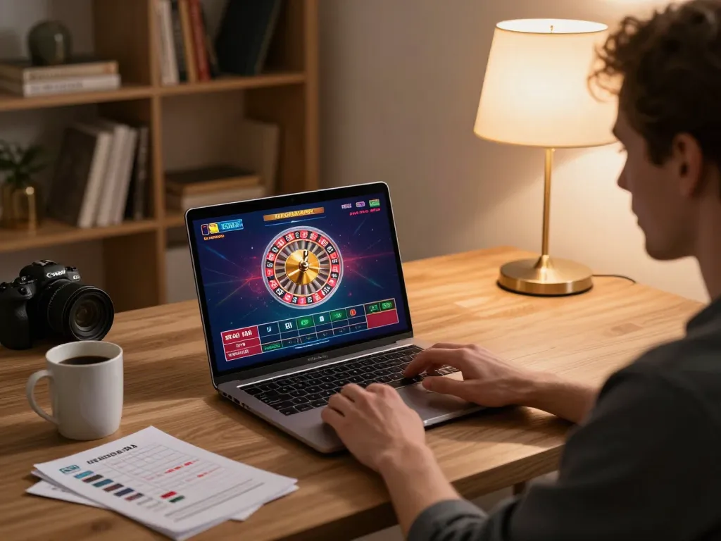 hb88 player enjoying an online casino game session on their laptop with betting strategies visible
