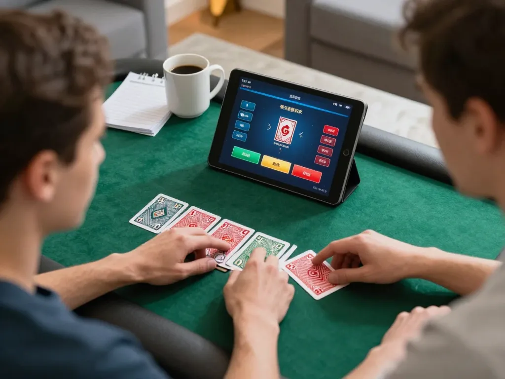 Player strategizing poker bets online at home with vu88 app in focus.