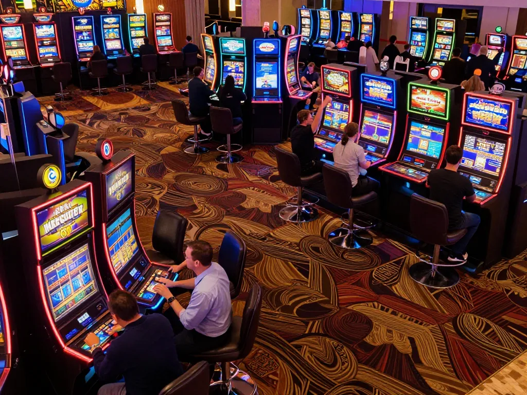 Players celebrating wins at slot machines in a lively casino scene featuring tip88, showcasing excitement and vibrant atmosphere.