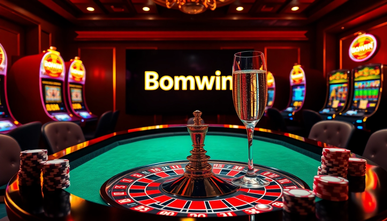Experience the thrill of Bomwin with a luxurious casino atmosphere showcasing roulette and poker elements.