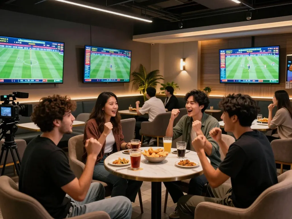 Engaging scene highlighting kèo bóng đá betting excitement in a vibrant sports lounge.