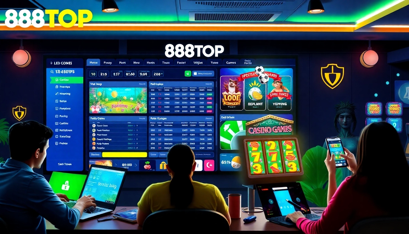 Engaging visual of 888TOP online betting platform showcasing diverse users and vibrant games.