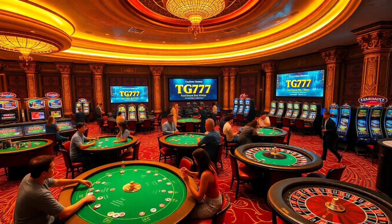 Action-packed gaming at TG777 casino featuring vibrant roulette tables and players enjoying 3-Card Poker.
