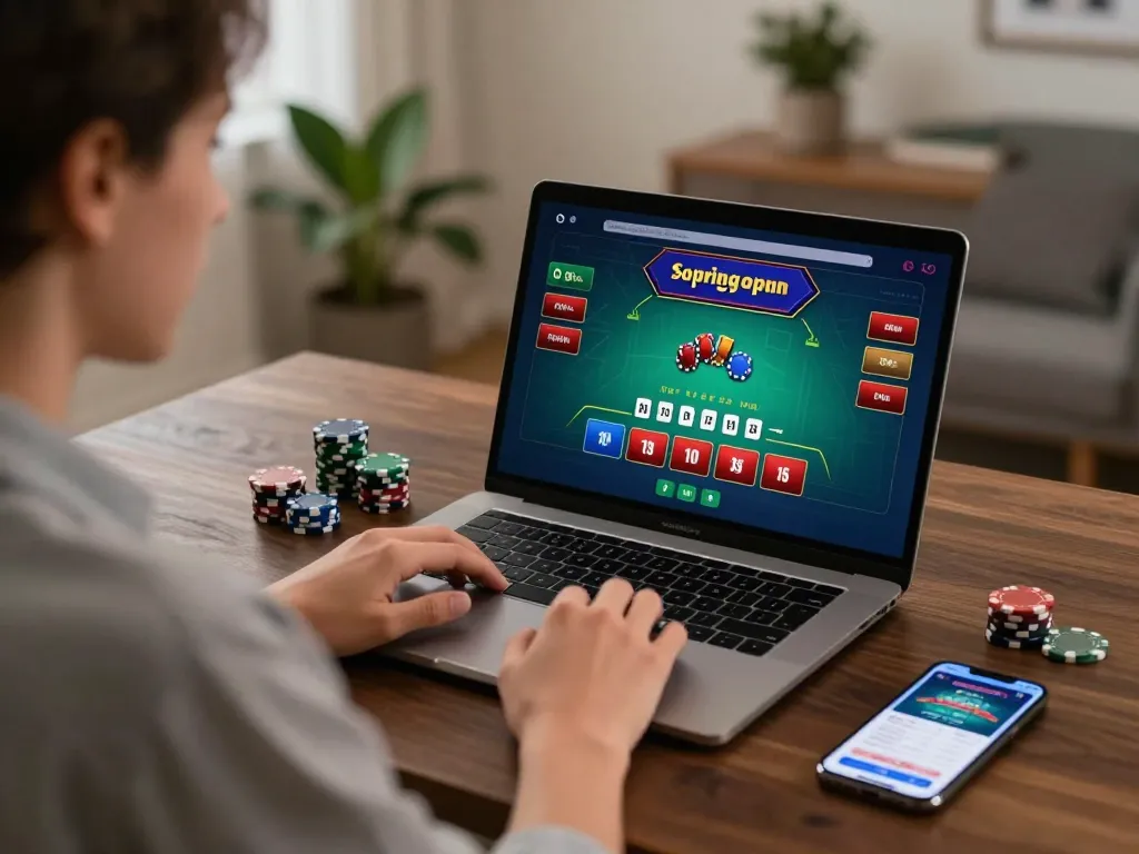 Debet strategy showcased in a luxurious online blackjack setup with player engaging on the laptop
