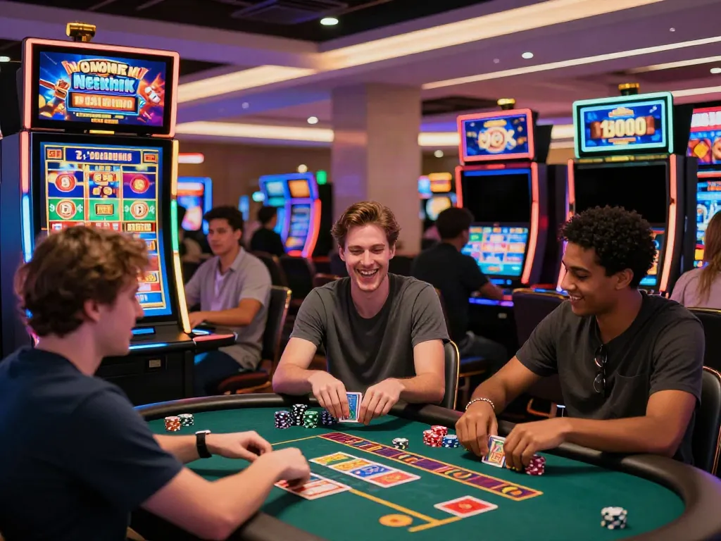Excited players at a casino not on Gamstop celebrating wins, vibrant atmosphere