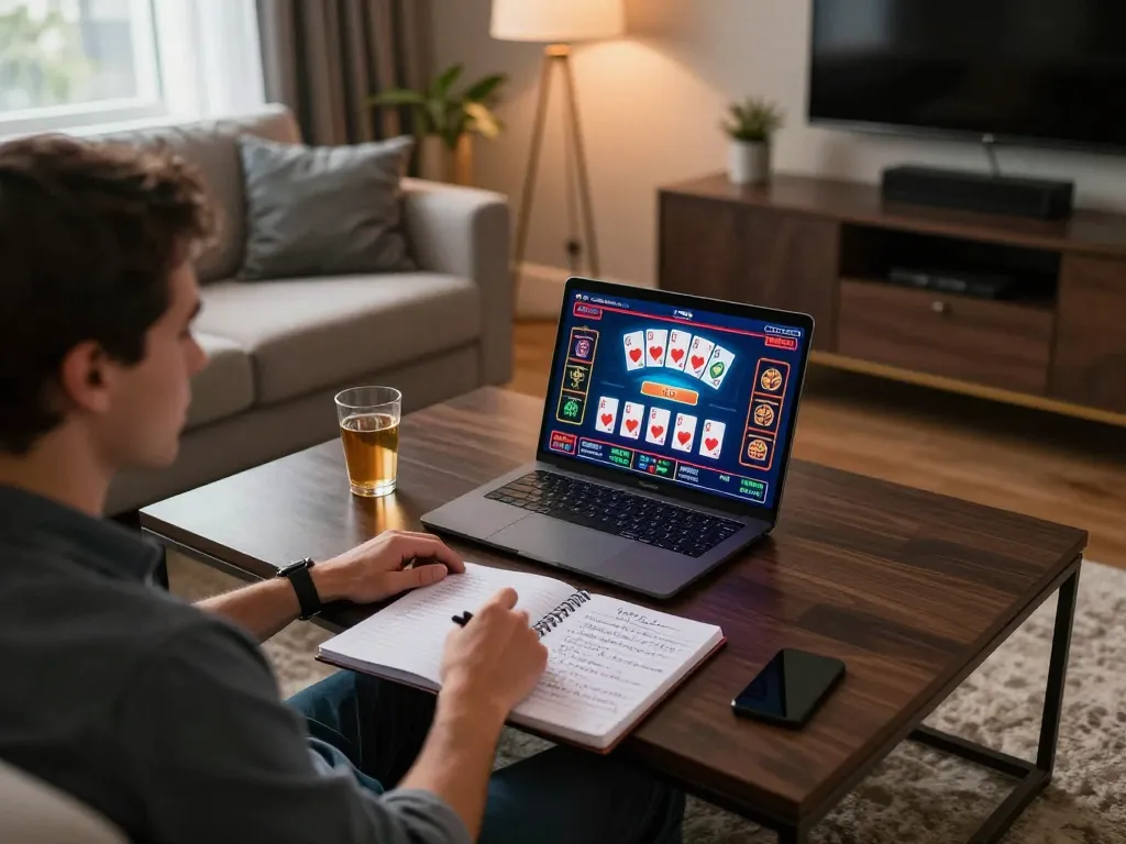 Player enjoying live dealer games at LC88 online casino, showcasing strategic gameplay with vibrant screen and notes.