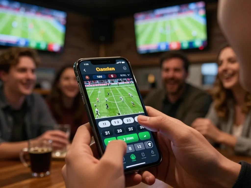 FABET sports betting app interface display during live match betting excitement in a sports bar