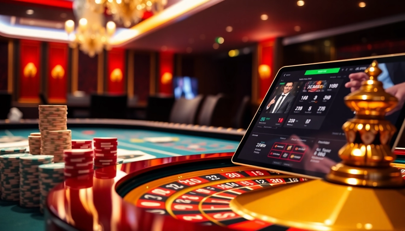 33Win players enjoying an exciting game at a luxurious casino table with vibrant chips.