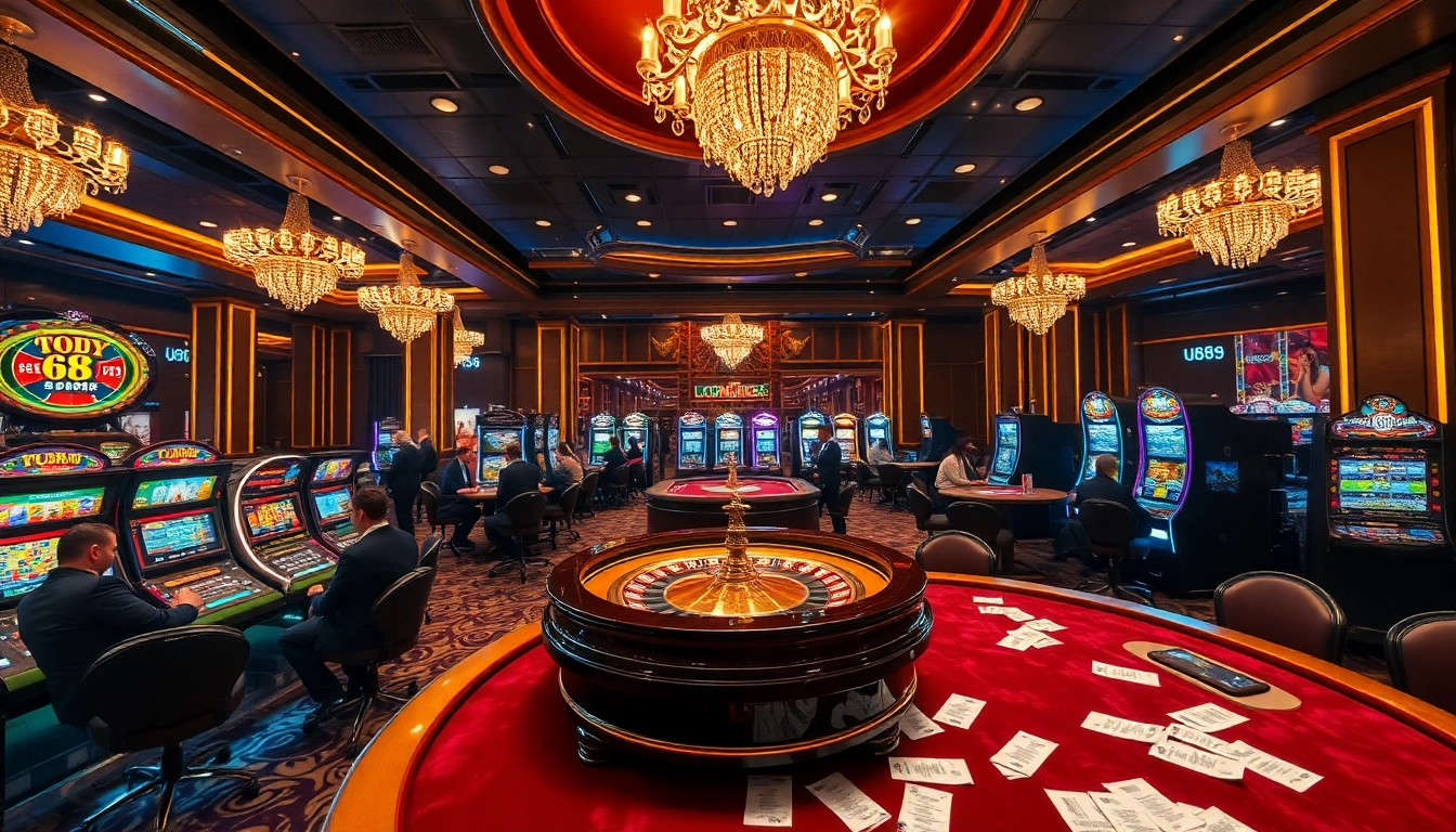 Experience excitement at U888 with players enjoying poker and vibrant slot machines.