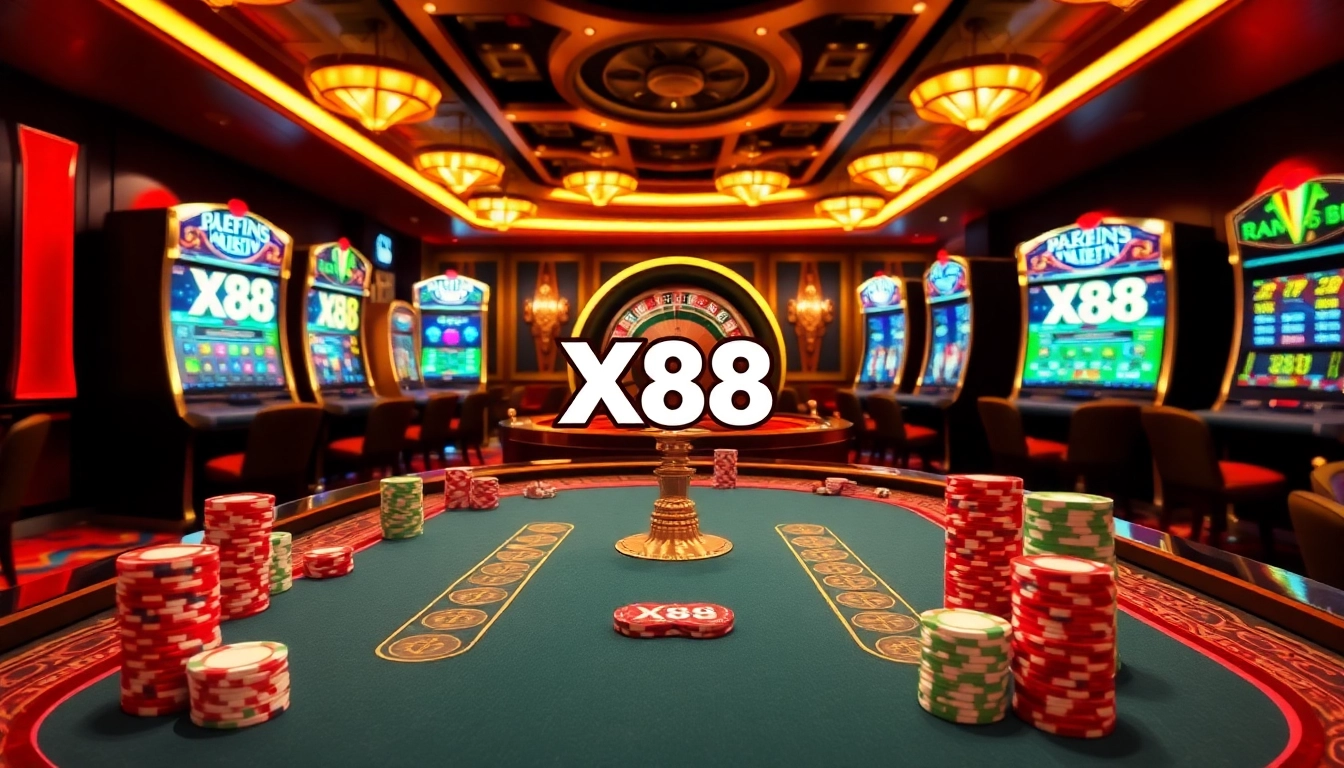 X88 players strategizing at a poker table in a vibrant, luxurious casino environment.