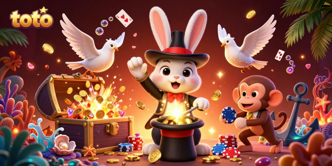 Engage in exciting gaming adventures with toto at this colorful casino-themed illustration featuring a magician rabbit, a dazzling dove, and a playful monkey.