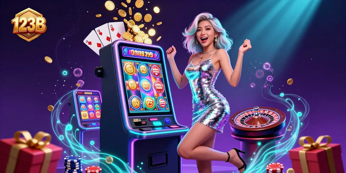 Experience the thrill of 123B casino gaming with a jackpot celebration scene featuring a stunning Asian woman.