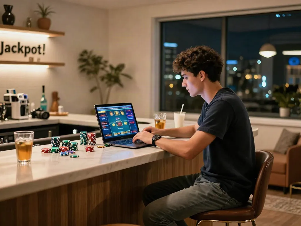 Player enjoying a live dealer game at a casino not on gamstop, surrounded by chips and vibrant lighting.