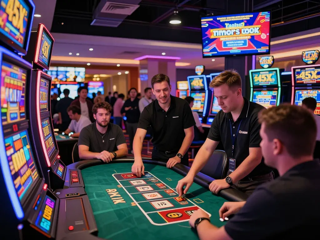 Excited players engaged with 45X slot machines in a vibrant casino environment.
