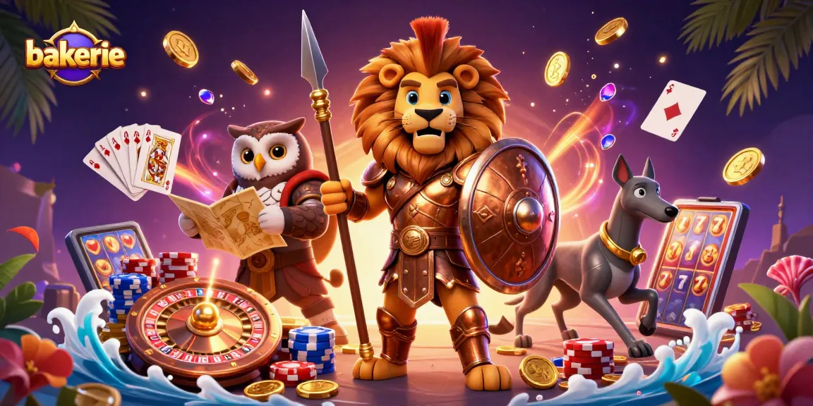 Play exciting casino games at bakerie with 3D characters surrounded by gold coins and vibrant elements.