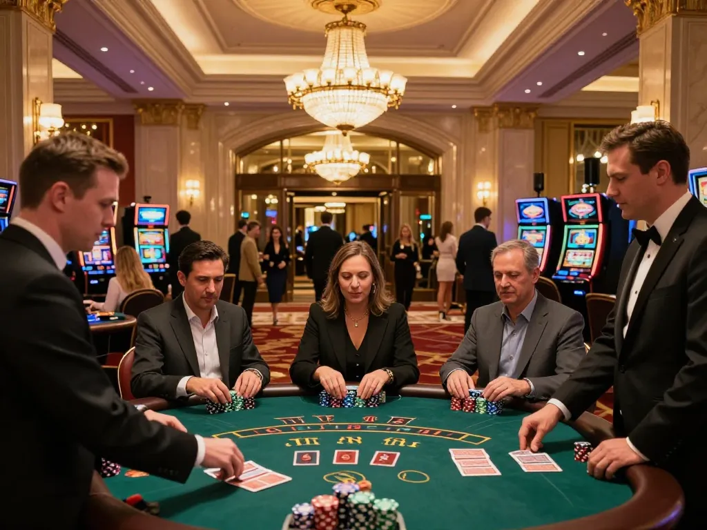 Players strategizing at the blackjack table in an upscale casino, engaging in dynamic gameplay at 79king.