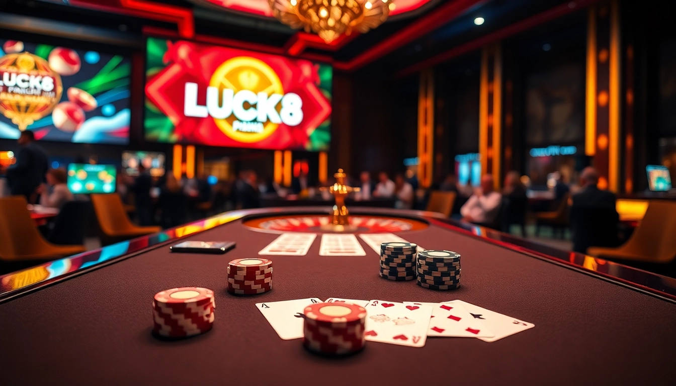 Experience the excitement of gambling at nhà cái LUCK8 casino with vibrant poker chips and cards