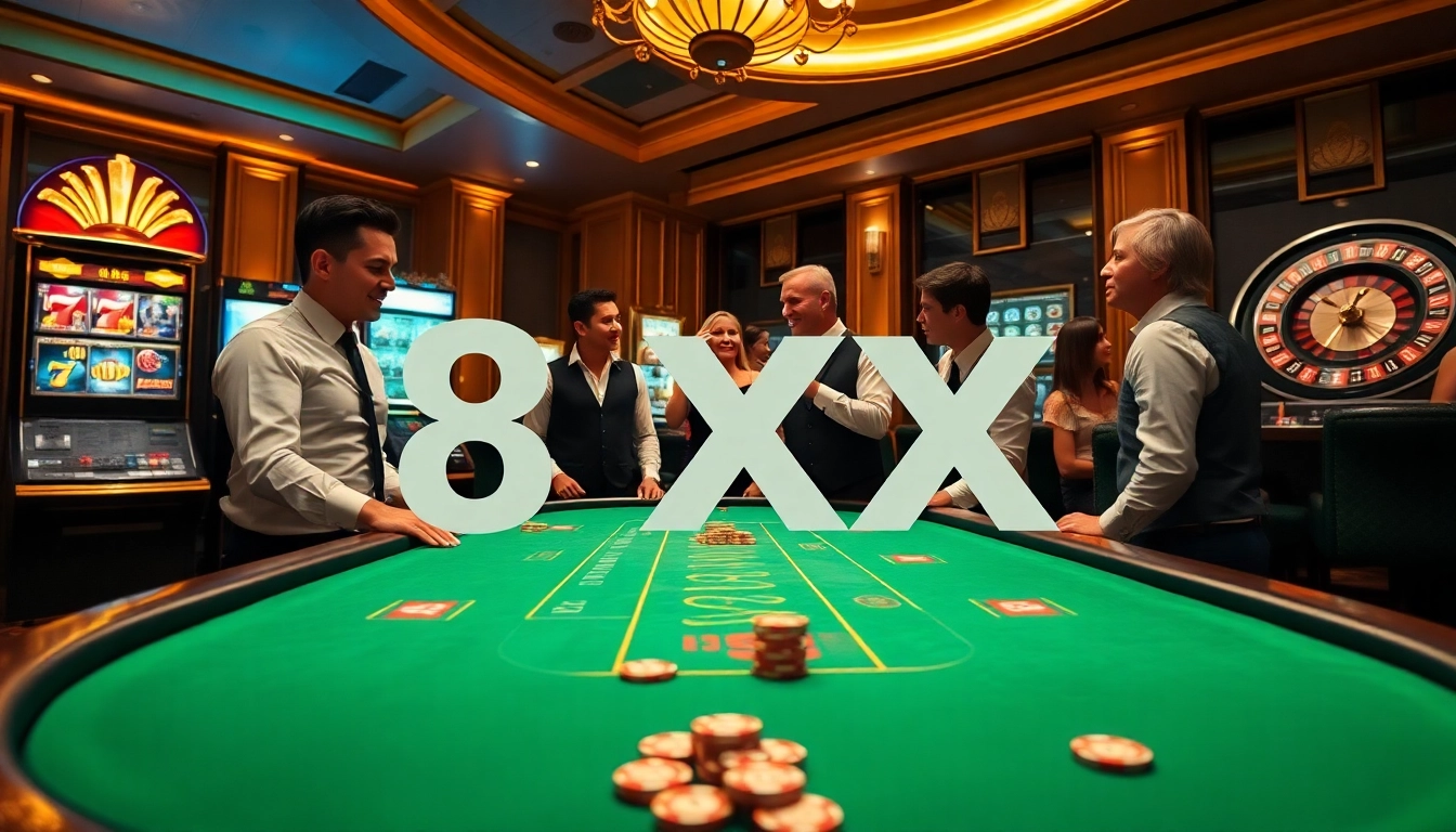 Experience thrilling gameplay with 8XX at a luxurious casino table surrounded by eager players.