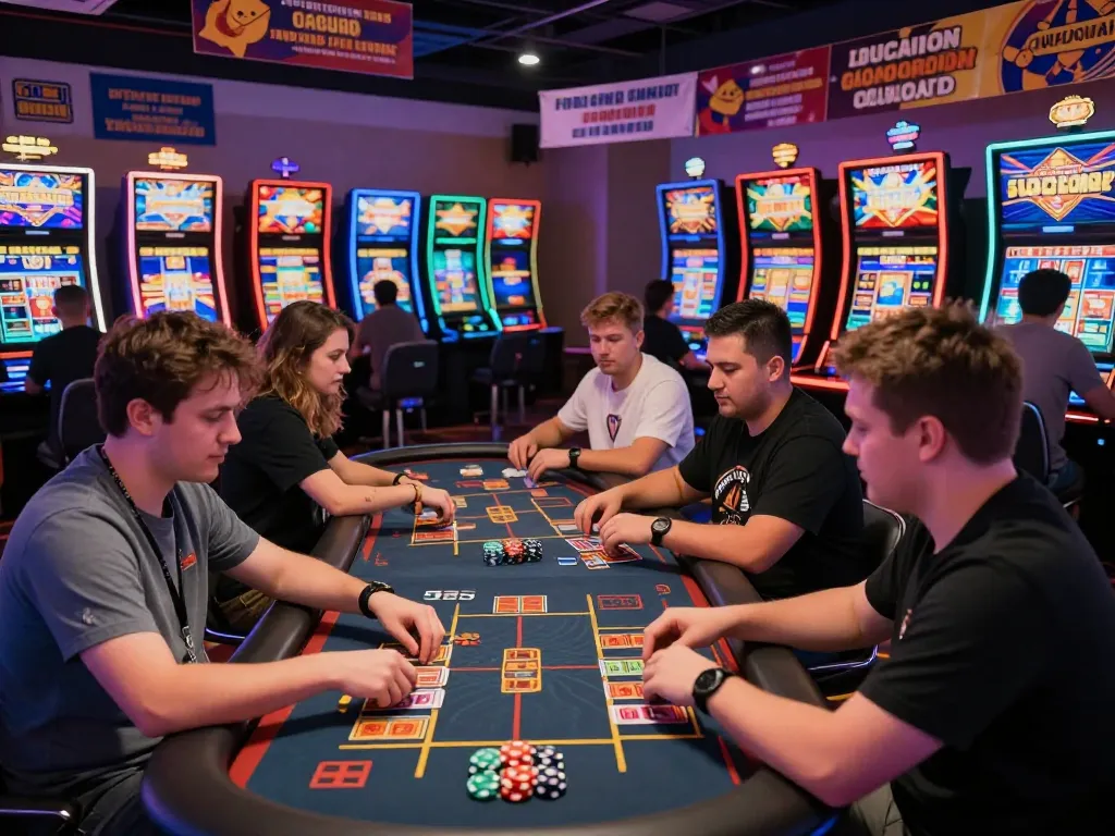 Cổng game Topbet featuring lively players at virtual casino tables and colorful slot machines.