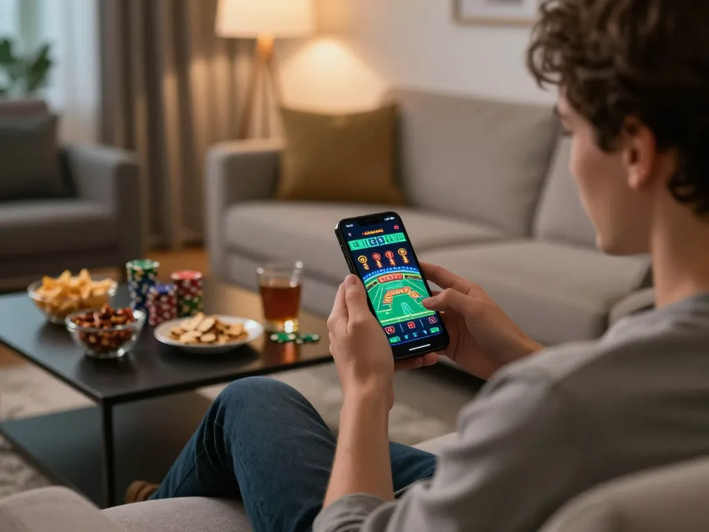 88vv user immerses in online casino app gameplay on smartphone in cozy living room setting