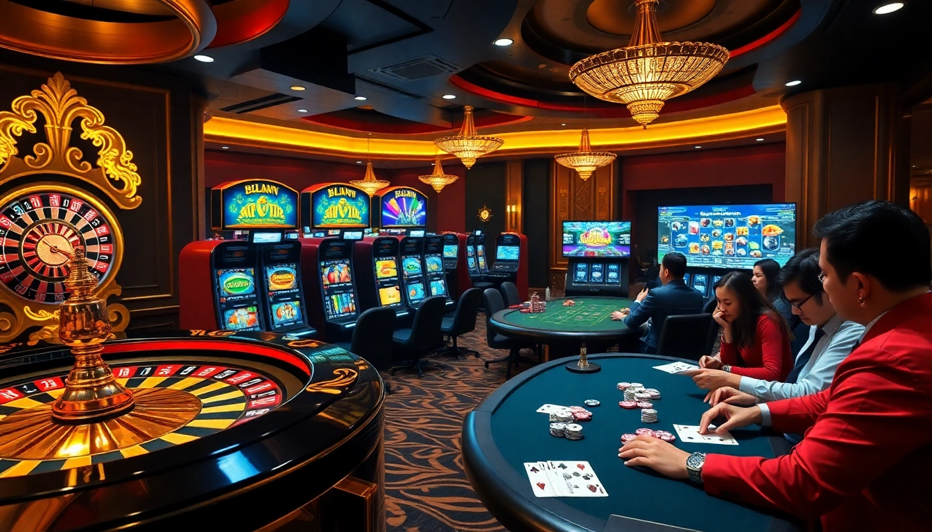 Luckywin online casino scene showcasing vibrant gameplay with poker chips and slot machines.
