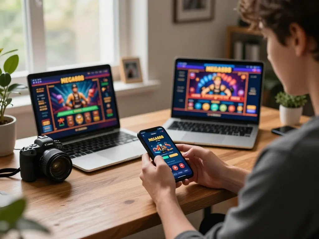 Playing MEGA888 on a smartphone in a cozy home office, reflecting responsible gaming habits.