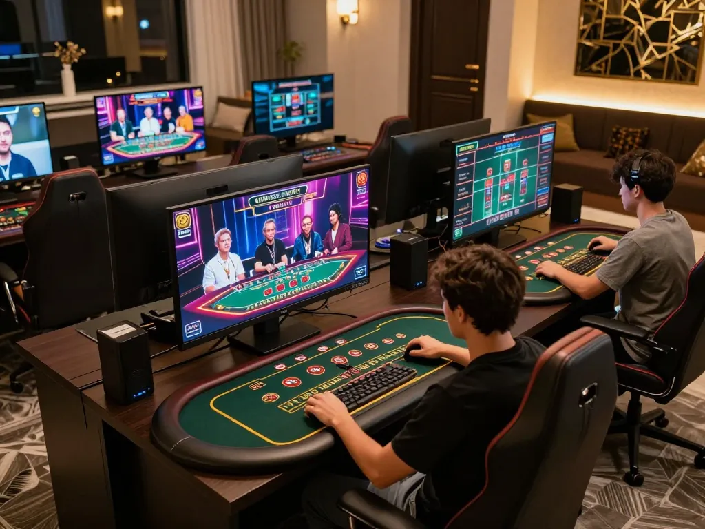 Engaging with iwinclub live dealer games in a stylish home gaming setup with multiple screens.