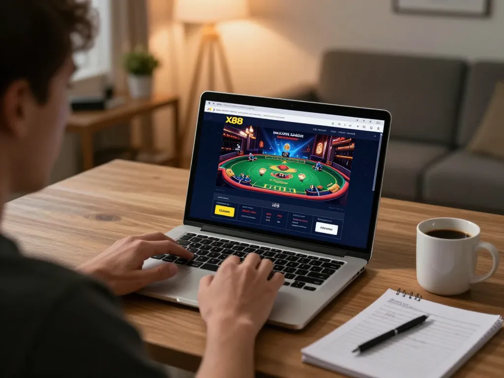 Player enjoying an online game at x88 casino while strategizing with notes and coffee.