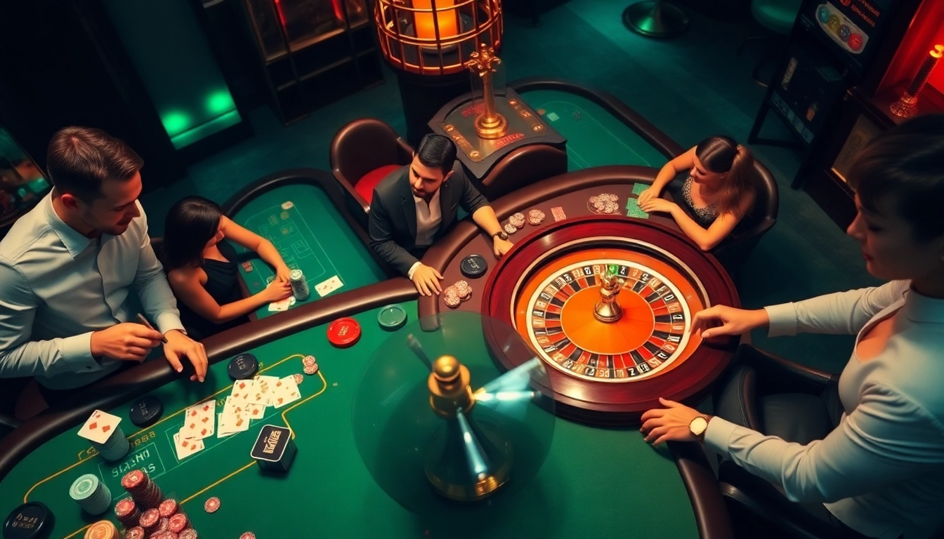 Gamblers enjoying thrilling games at 789Win's luxurious casino tables with cards and chips.