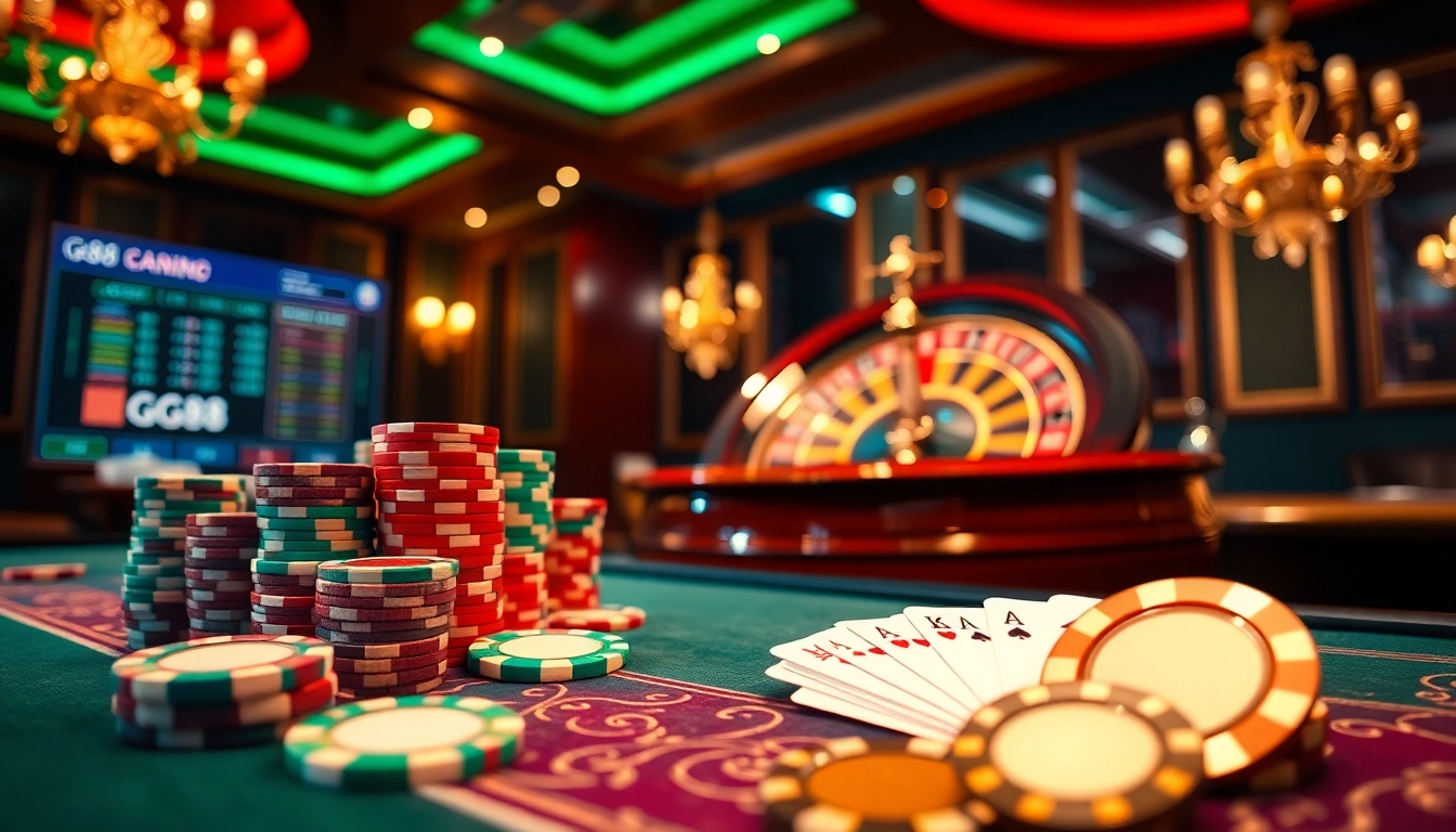 Enjoying high stakes at a GG88 casino table filled with vibrant chips and cards.