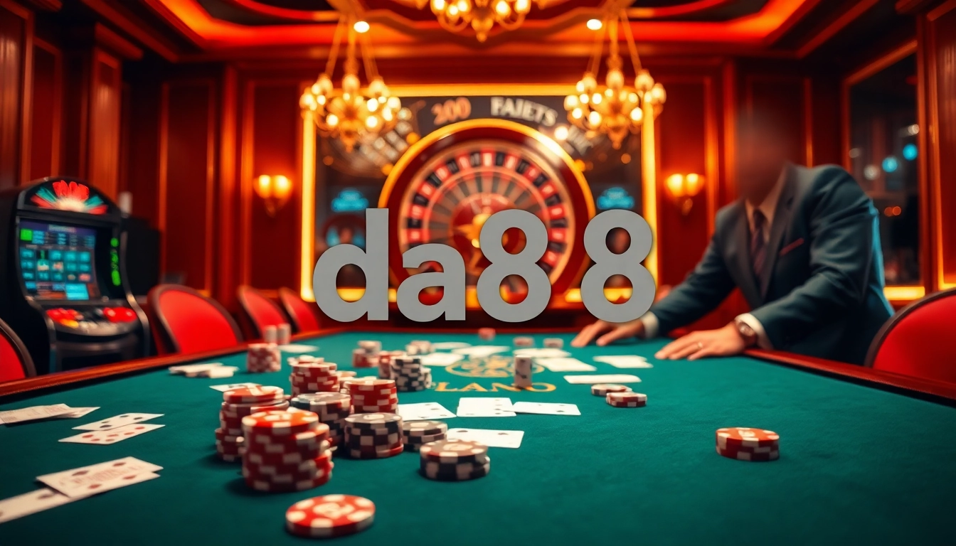 Experience the thrill of gambling at da88 with vibrant poker tables, chips, and roulette wheels.