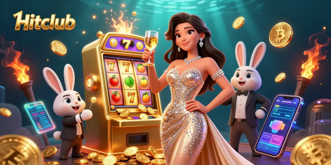 Spin to win at Hitclub with a glamorous lady beside a golden jackpot slot machine!