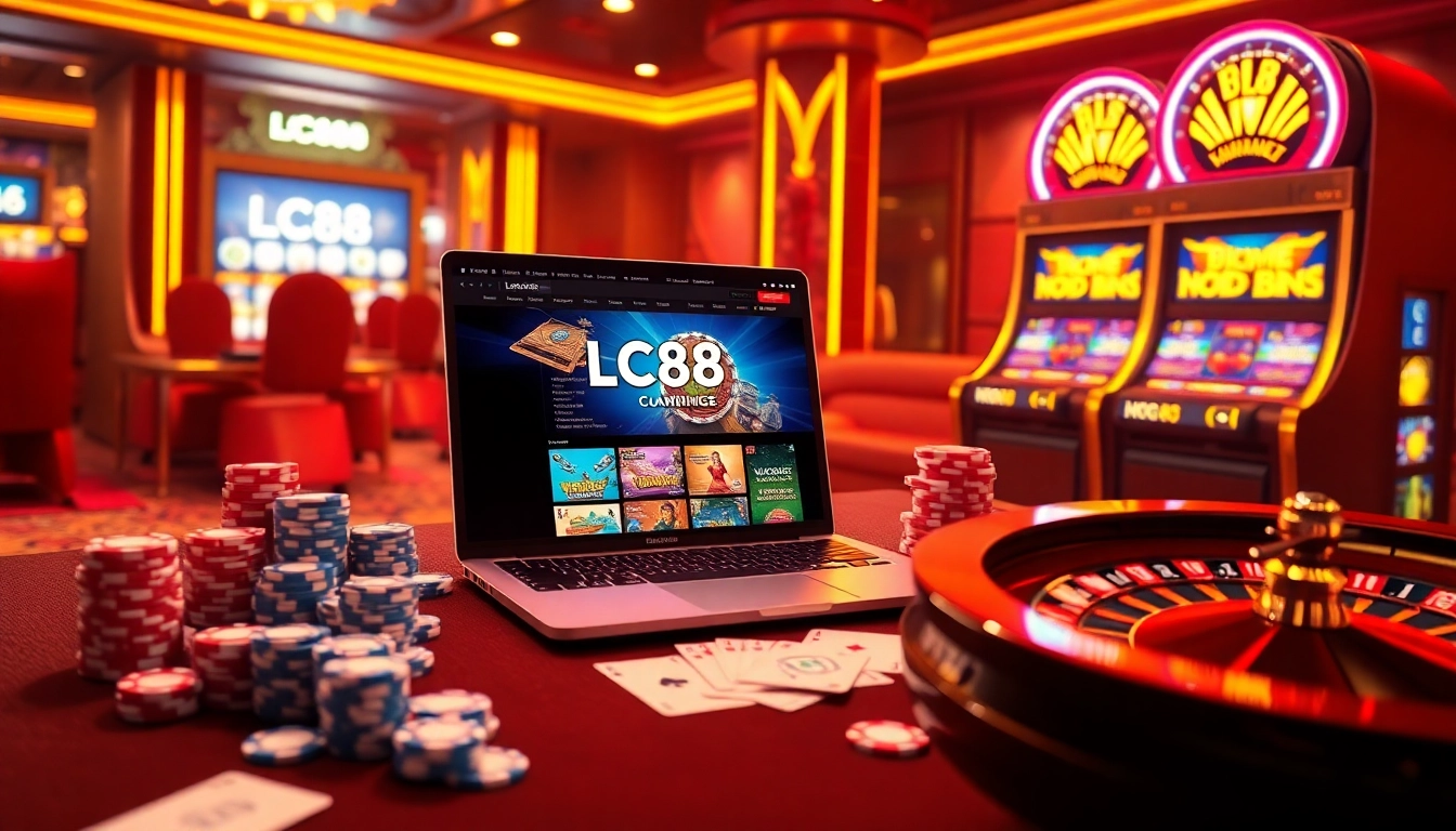 Experience online gaming excitement with LC88 UME through vibrant poker chips and casino elements.