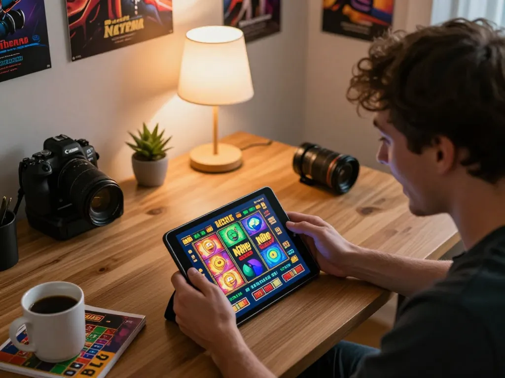 Player enjoying nohu slot game on tablet in a cozy home office, showcasing responsible gaming.